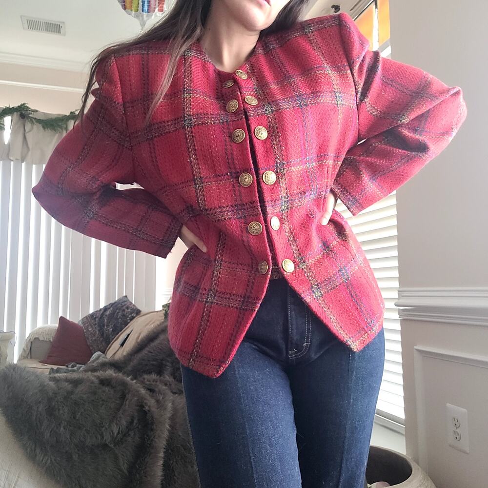 Vtg Ellen Tracy Plaid Tweed Jacket Gold Buttons Sz L